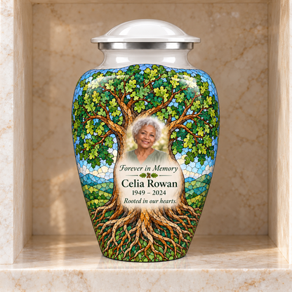White Oak Mosaic Tree of Life adult urn with sample photo and text displayed in a columbarium niche