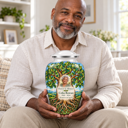White Oak Mosaic Tree of Life adult urn with sample photo and text held upright on a seated person’s lap