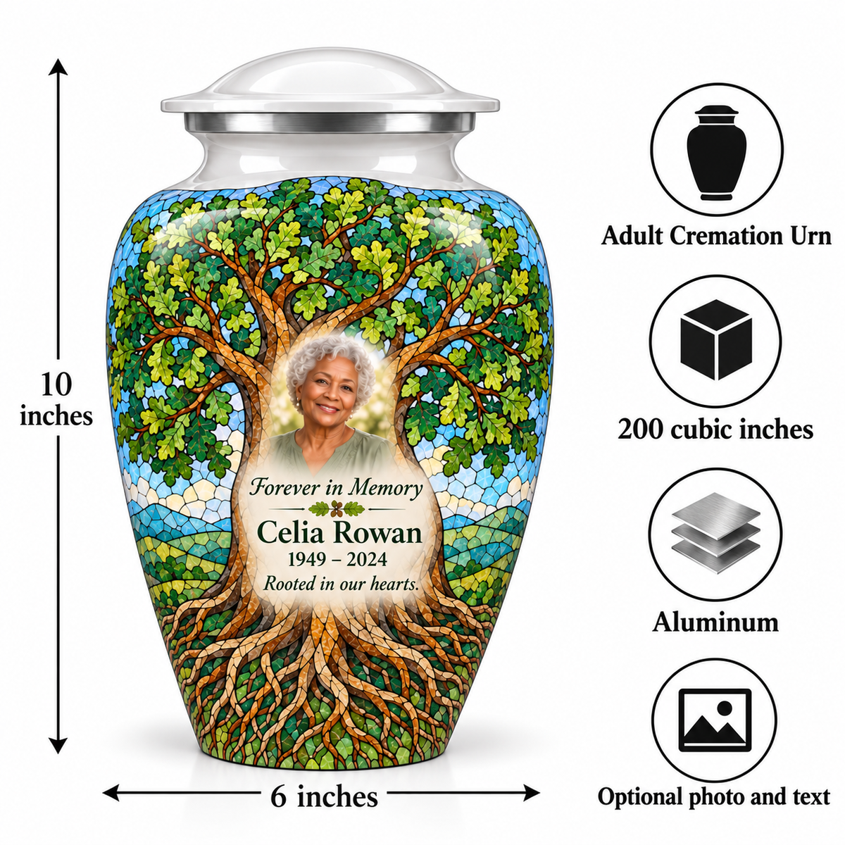 White Oak Mosaic Tree of Life adult urn size guide showing 10-inch height, 6-inch width, 200-cubic-inch capacity and Aluminum material