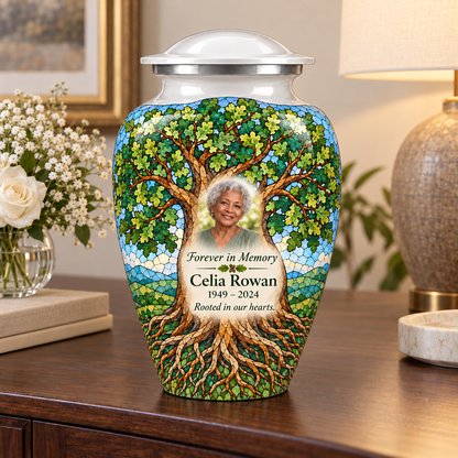 White Oak Mosaic Tree of Life adult urn with sample photo and text displayed on a memorial console