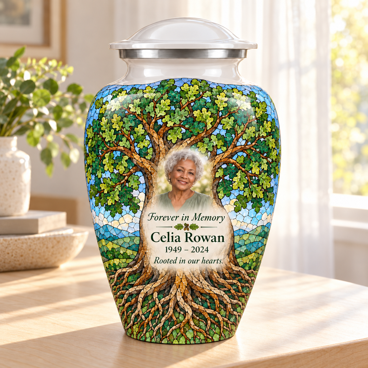 White Oak Mosaic Tree of Life adult urn with sample photo and text displayed in a sunlit home