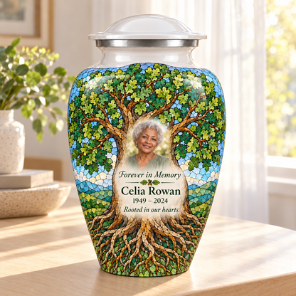White Oak Mosaic Tree of Life adult urn with sample photo and text displayed in a sunlit home