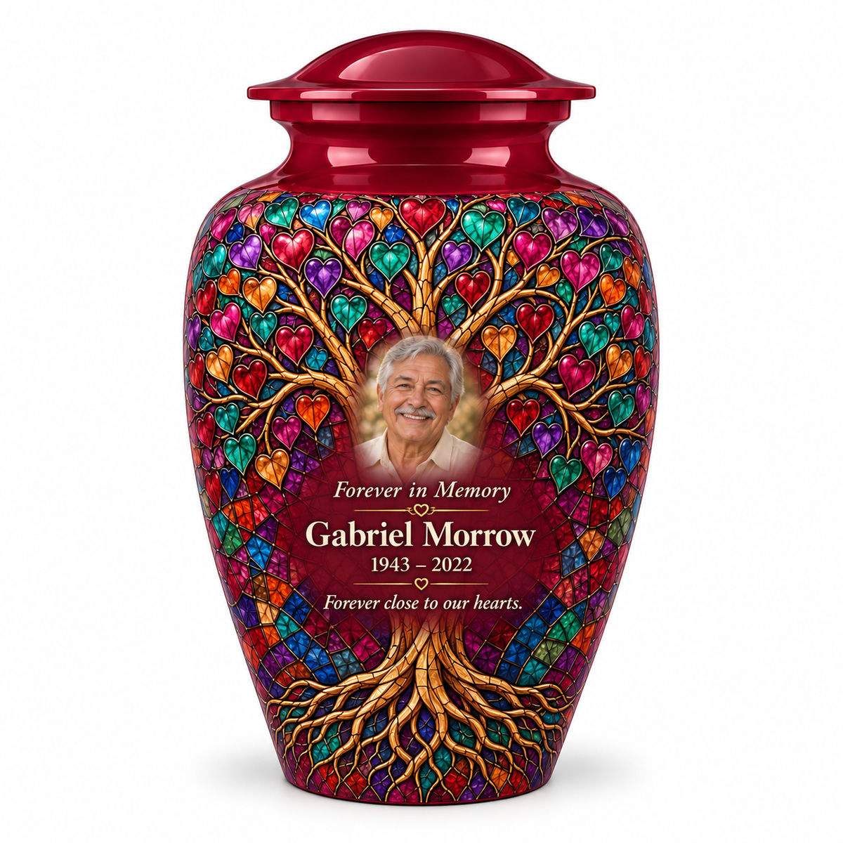 Red Tree of Life adult urn with burgundy heart mosaic artwork and a borderless sample portrait