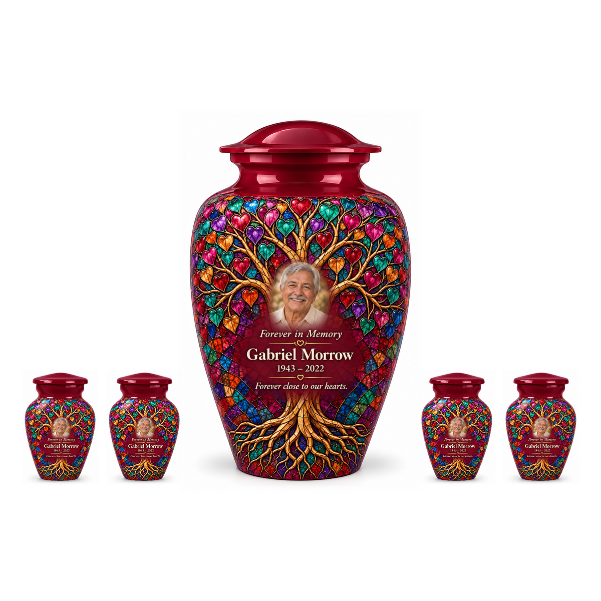 One Burgundy Heart Mosaic Tree of Life adult urn with four matching keepsake urns, sample photo and text, on a white background