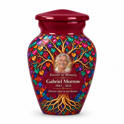 Matching red Tree of Life keepsake urn with burgundy heart mosaic artwork, sample photo and text