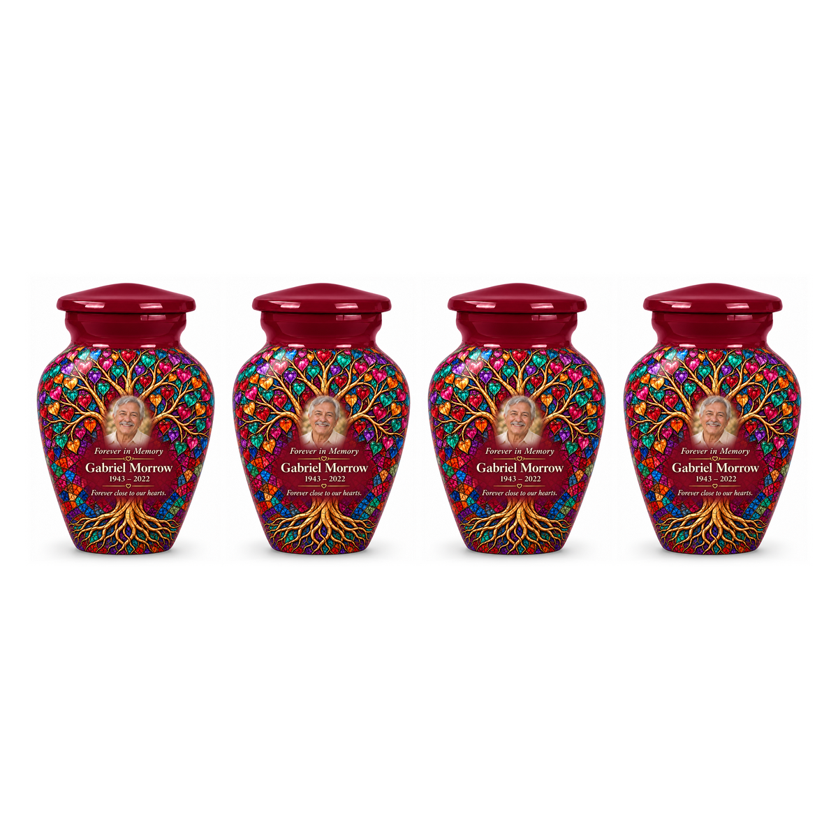 Four matching Burgundy Heart Mosaic Tree of Life keepsake urns with sample photo and text on a white background