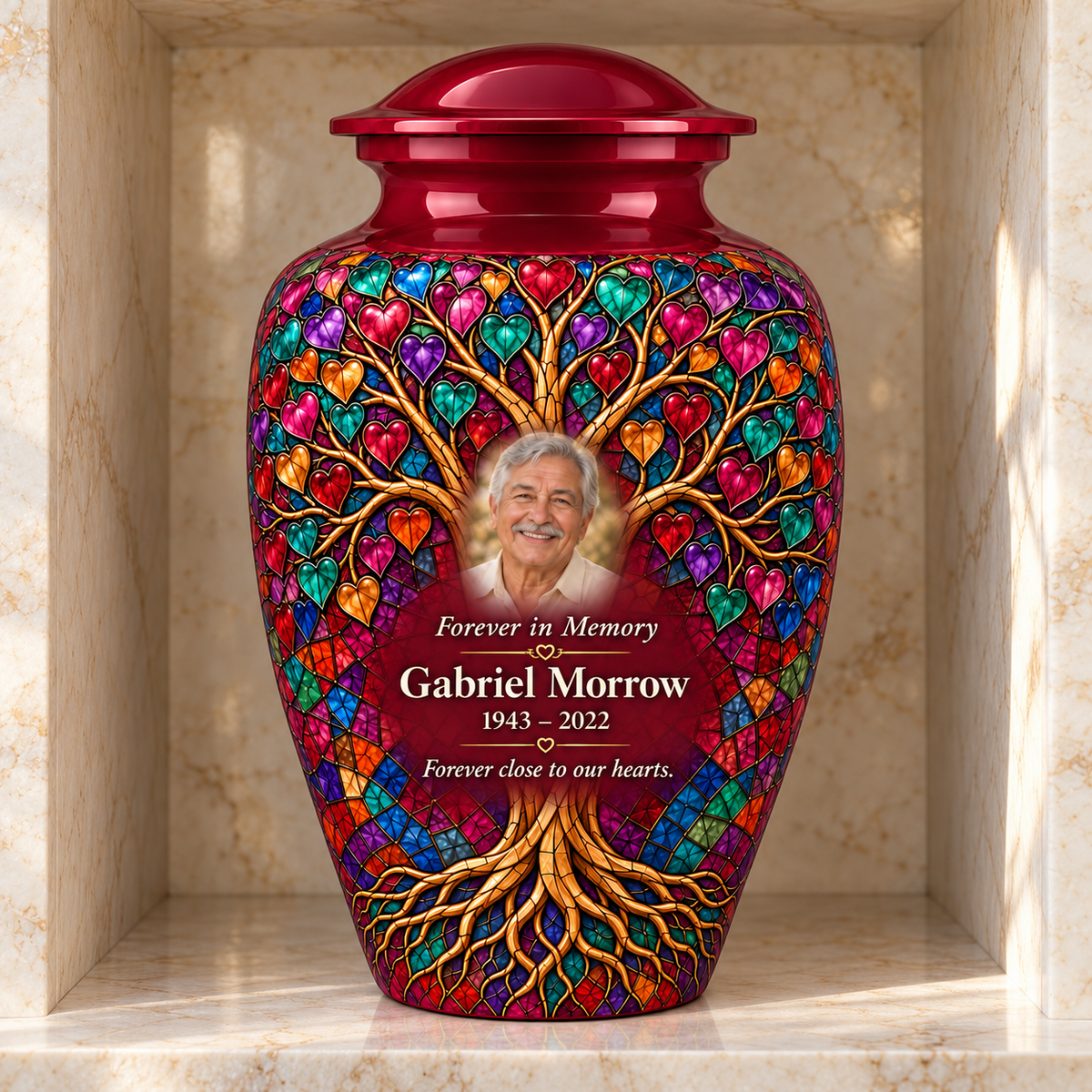 Burgundy Heart Mosaic Tree of Life adult urn with sample photo and text displayed in a columbarium niche