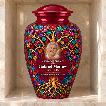 Burgundy Heart Mosaic Tree of Life adult urn with sample photo and text displayed in a columbarium niche