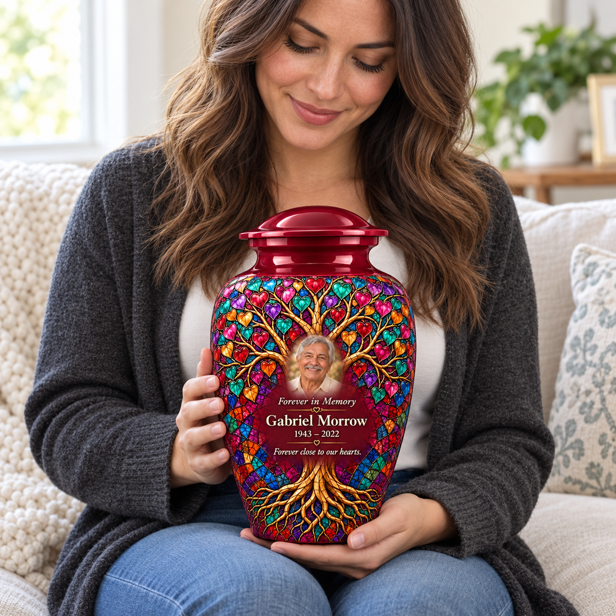 Burgundy Heart Mosaic Tree of Life adult urn with sample photo and text held upright on a seated person’s lap