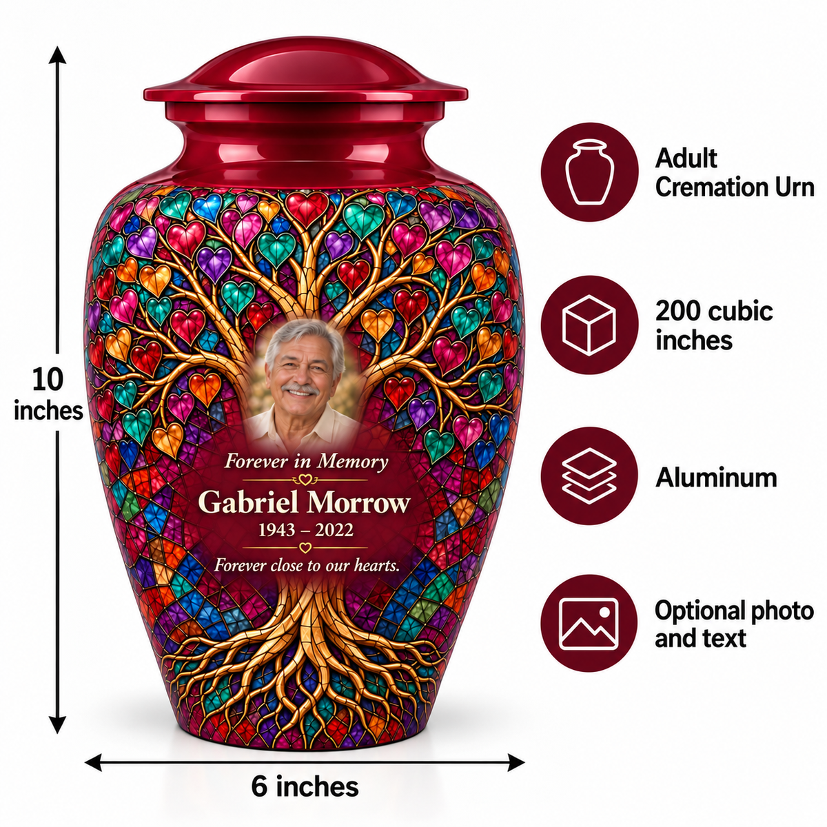 Burgundy Heart Mosaic Tree of Life adult urn size guide showing 10-inch height, 6-inch width, 200-cubic-inch capacity and Aluminum material