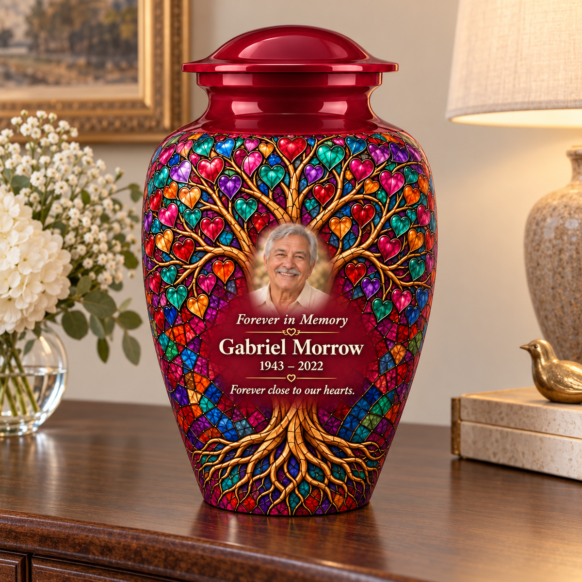Burgundy Heart Mosaic Tree of Life adult urn with sample photo and text displayed on a memorial console