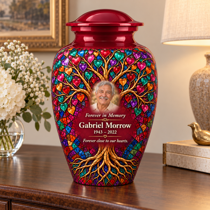 Burgundy Heart Mosaic Tree of Life adult urn with sample photo and text displayed on a memorial console