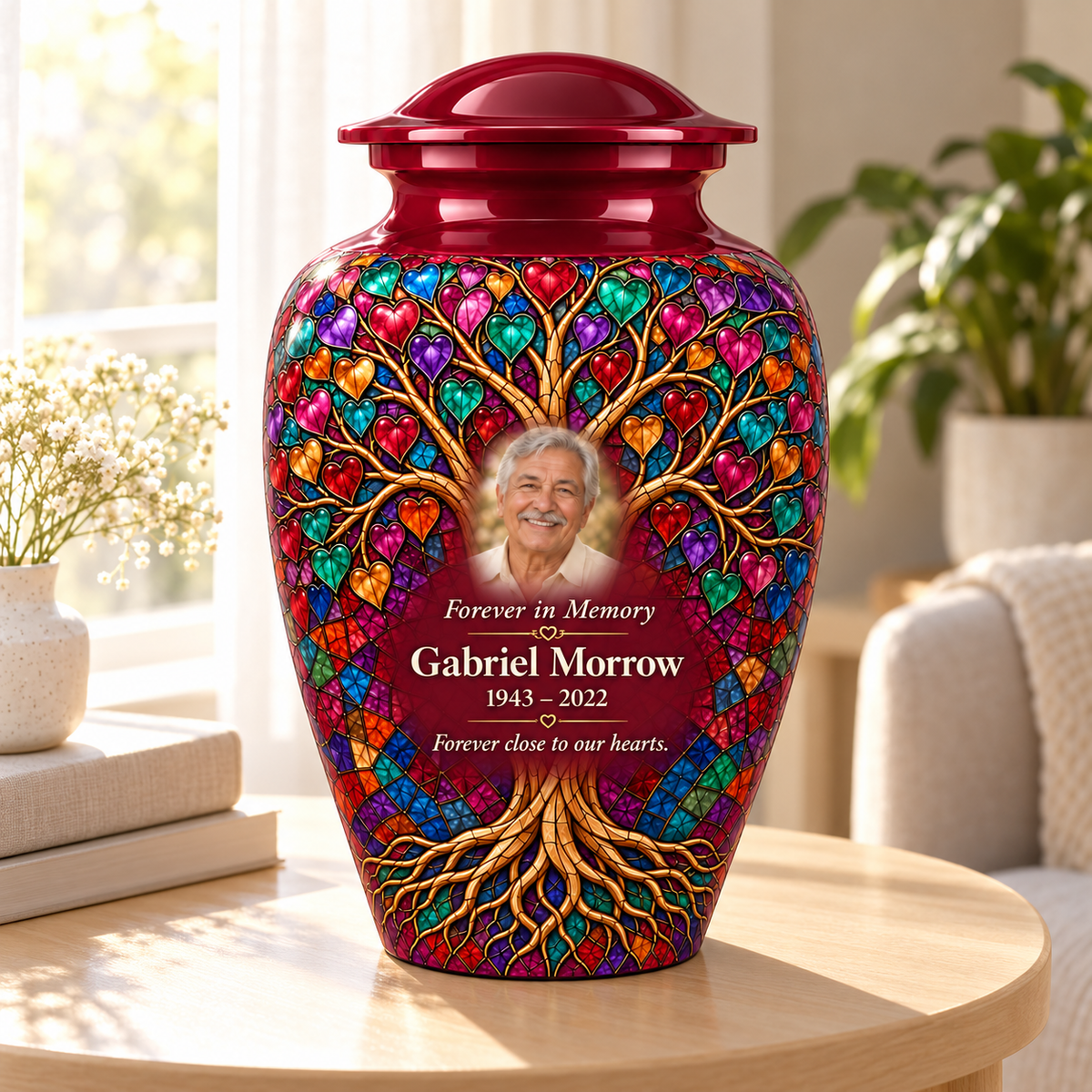 Burgundy Heart Mosaic Tree of Life adult urn with sample photo and text displayed in a sunlit home