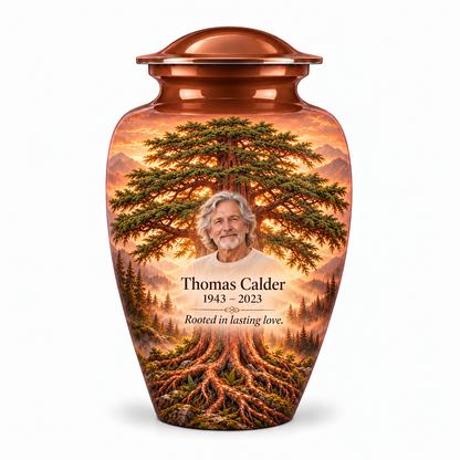 Brown Tree of Life adult urn with copper cedar artwork and a borderless sample portrait
