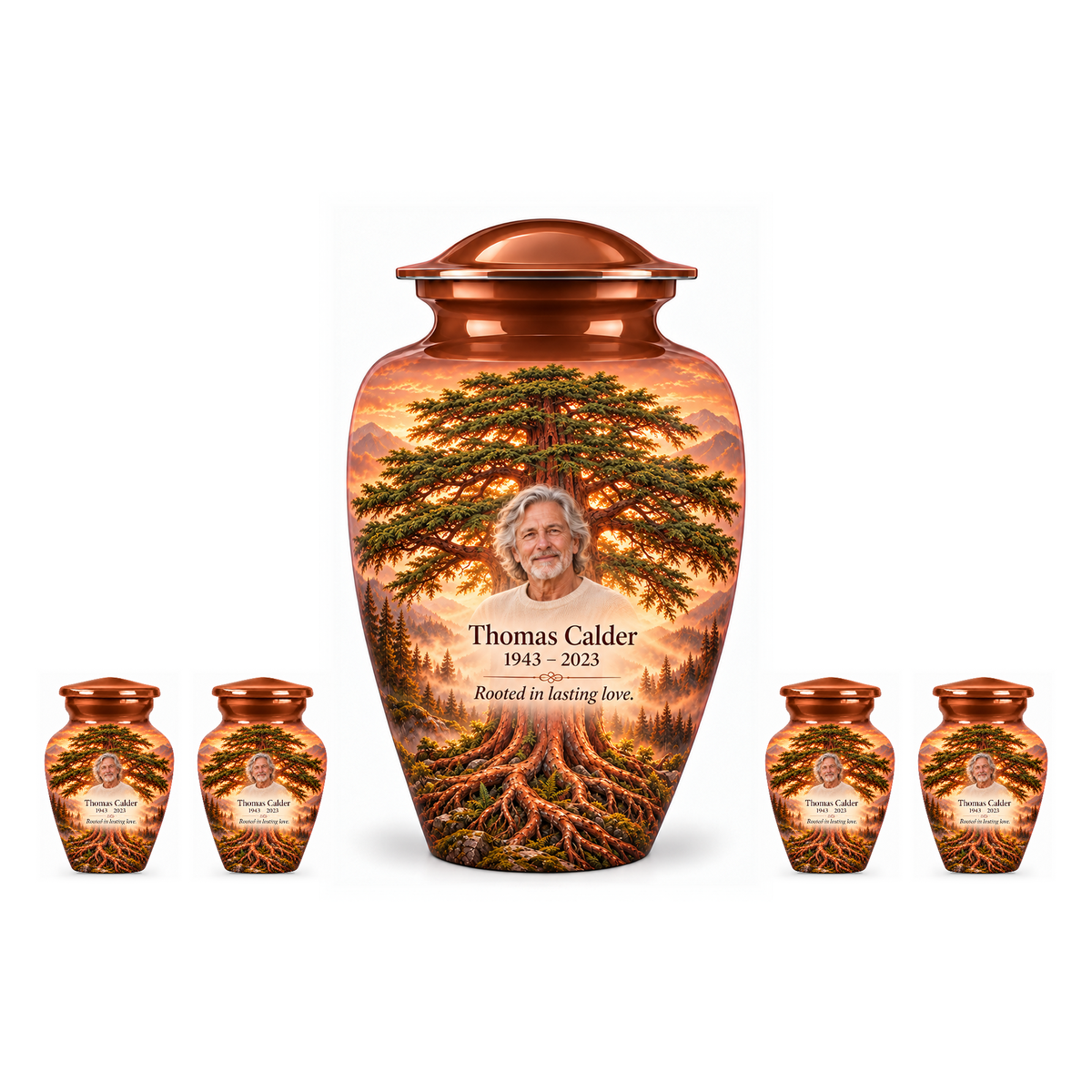 One Copper Cedar Tree of Life adult urn with four matching keepsake urns, sample photo and text, on a white background