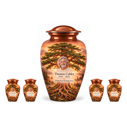 One Copper Cedar Tree of Life adult urn with four matching keepsake urns, sample photo and text, on a white background