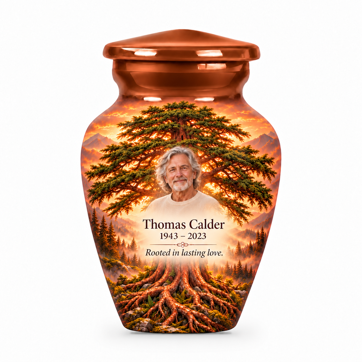 Matching brown Tree of Life keepsake urn with copper cedar artwork, sample photo and text