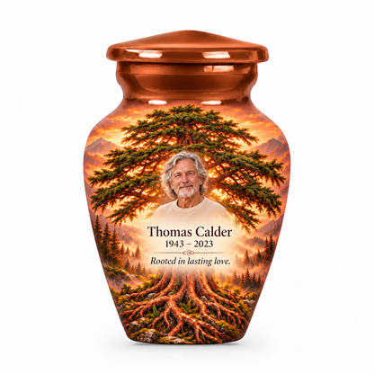 Matching brown Tree of Life keepsake urn with copper cedar artwork, sample photo and text