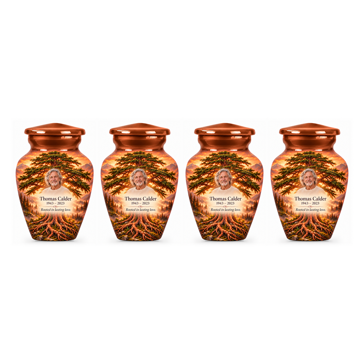 Four matching Copper Cedar Tree of Life keepsake urns with sample photo and text on a white background