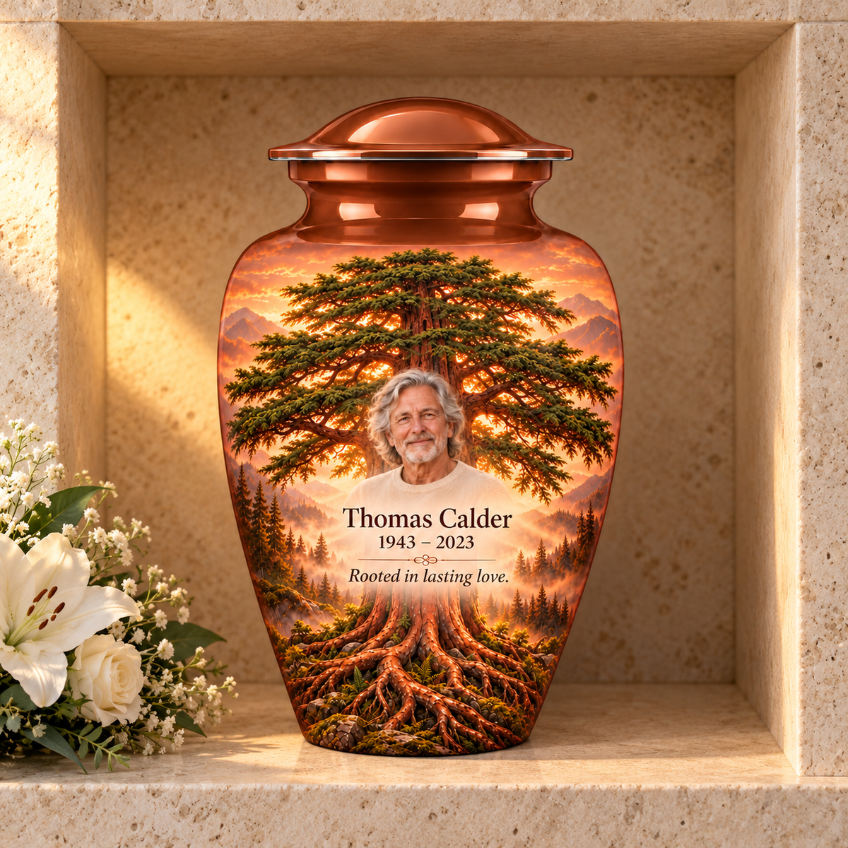 Copper Cedar Tree of Life adult urn with sample photo and text displayed in a columbarium niche