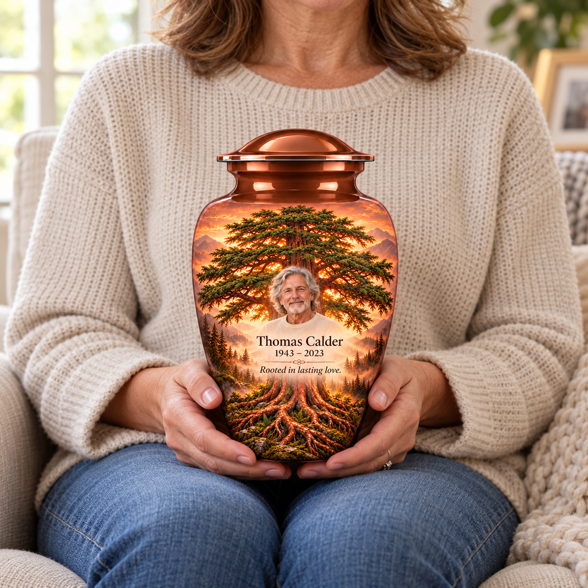 Copper Cedar Tree of Life adult urn with sample photo and text held upright on a seated person’s lap