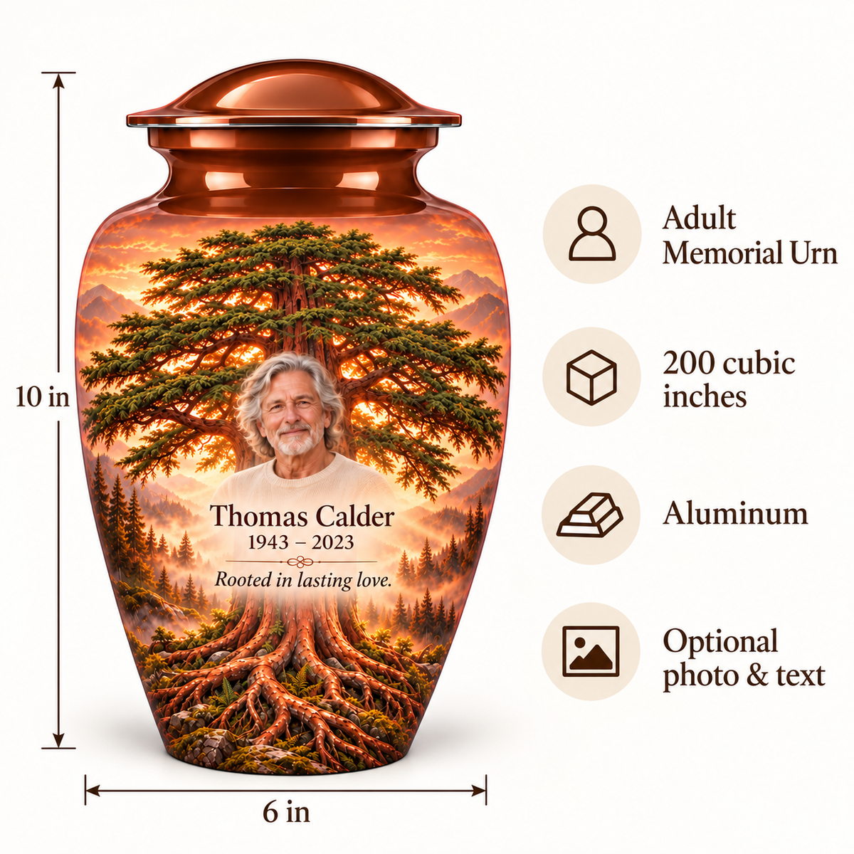 Copper Cedar Tree of Life adult urn size guide showing 10-inch height, 6-inch width, 200-cubic-inch capacity and Aluminum material