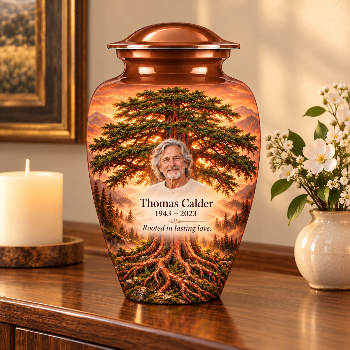 Copper Cedar Tree of Life adult urn with sample photo and text displayed on a memorial console