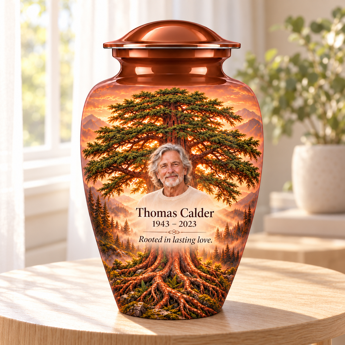 Copper Cedar Tree of Life adult urn with sample photo and text displayed in a sunlit home