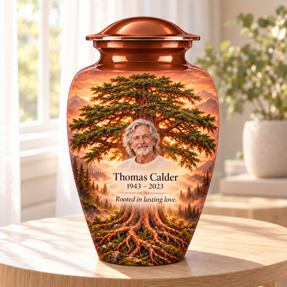 Copper Cedar Tree of Life adult urn with sample photo and text displayed in a sunlit home