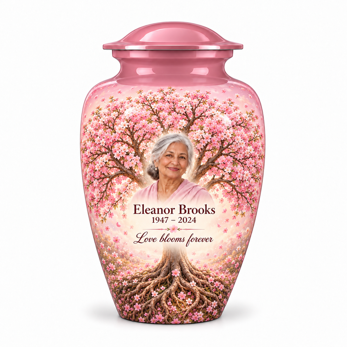 Pink Tree of Life adult urn with pink cherry blossom artwork and a borderless sample portrait