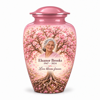 Pink Tree of Life adult urn with pink cherry blossom artwork and a borderless sample portrait