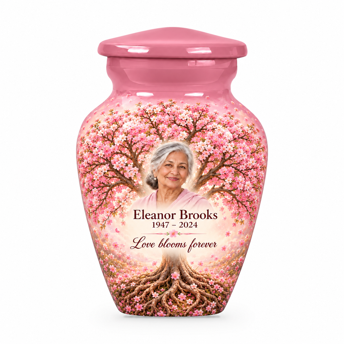 Matching pink Tree of Life keepsake urn with pink cherry blossom artwork, sample photo and text