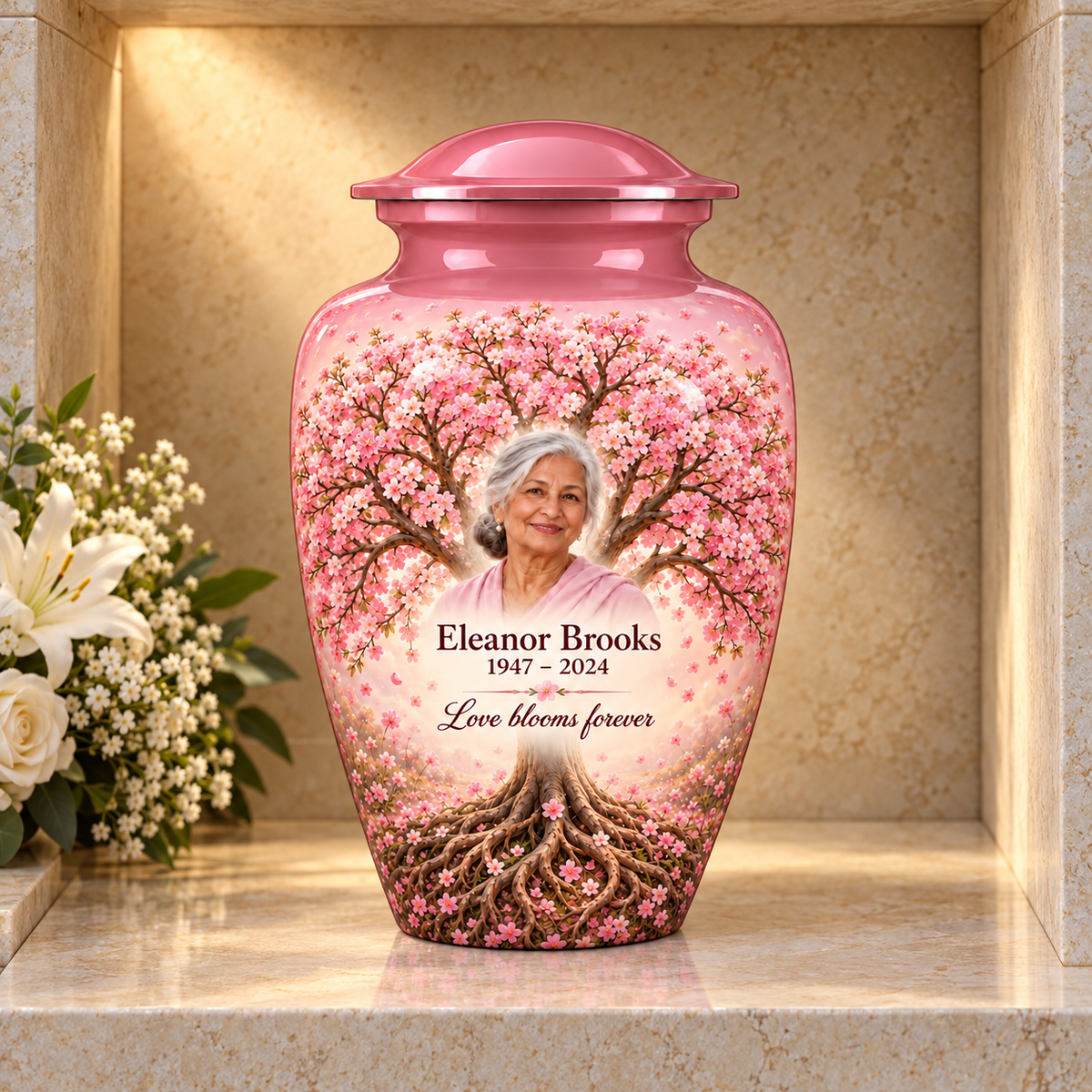 Pink Cherry Blossom Tree of Life adult urn with sample photo and text displayed in a columbarium niche