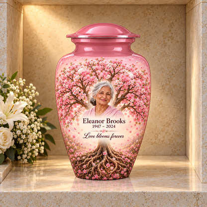Pink Cherry Blossom Tree of Life adult urn with sample photo and text displayed in a columbarium niche