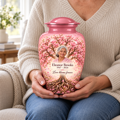 Pink Cherry Blossom Tree of Life adult urn with sample photo and text held upright on a seated person’s lap