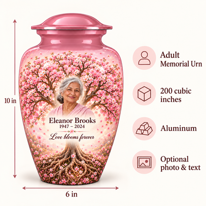 Pink Cherry Blossom Tree of Life adult urn size guide showing 10-inch height, 6-inch width, 200-cubic-inch capacity and Aluminum material