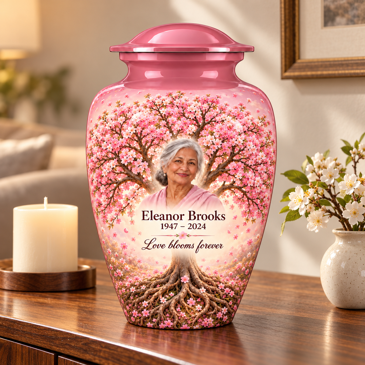 Pink Cherry Blossom Tree of Life adult urn with sample photo and text displayed on a memorial console