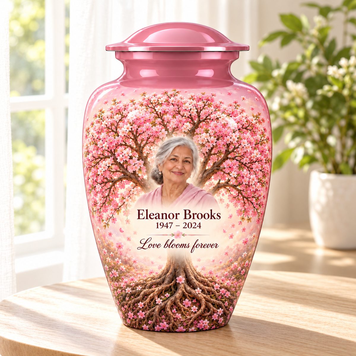 Pink Cherry Blossom Tree of Life adult urn with sample photo and text displayed in a sunlit home
