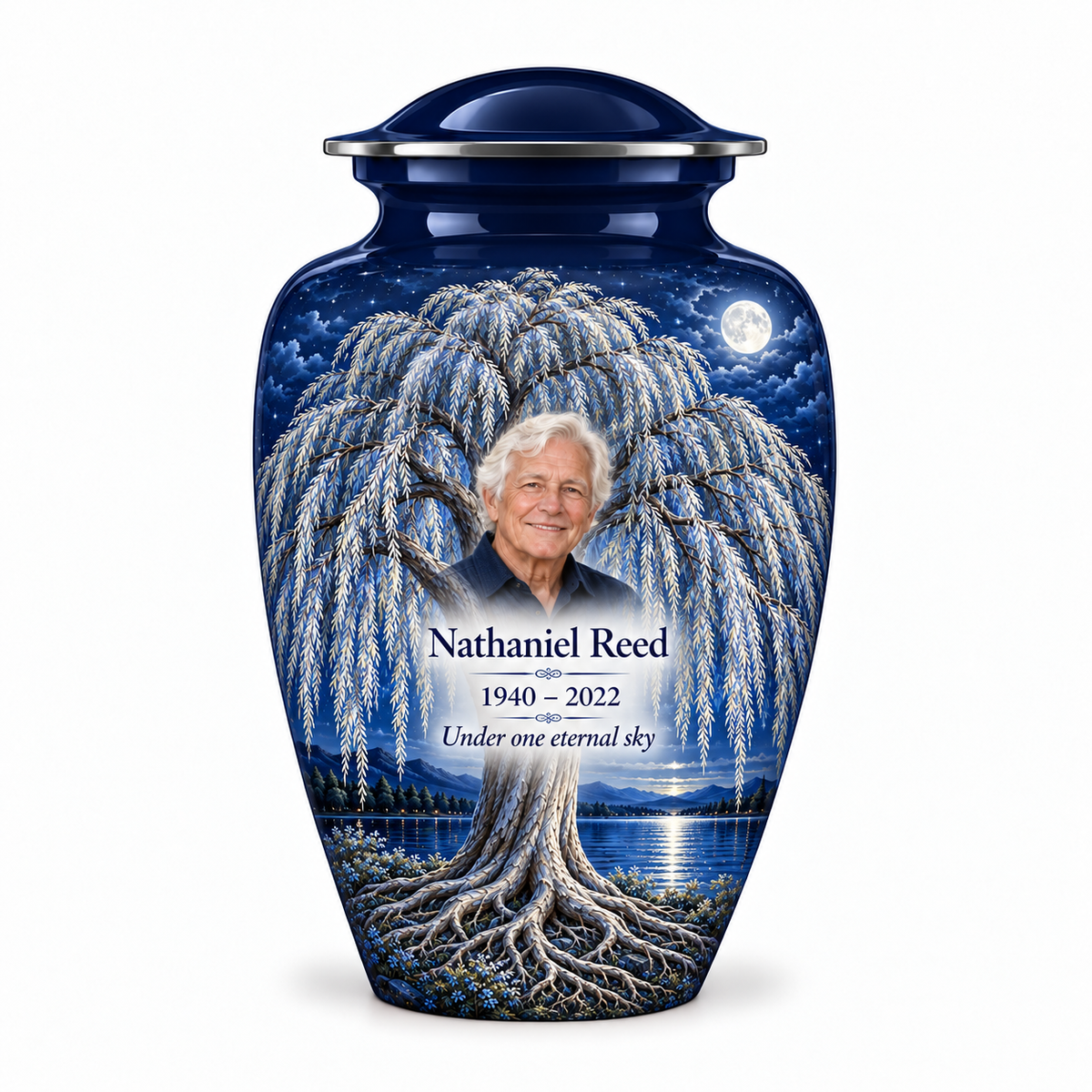 Blue Tree of Life adult urn with blue moon willow artwork and a borderless sample portrait