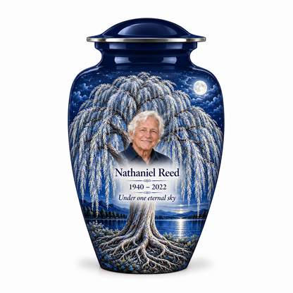 Blue Tree of Life adult urn with blue moon willow artwork and a borderless sample portrait