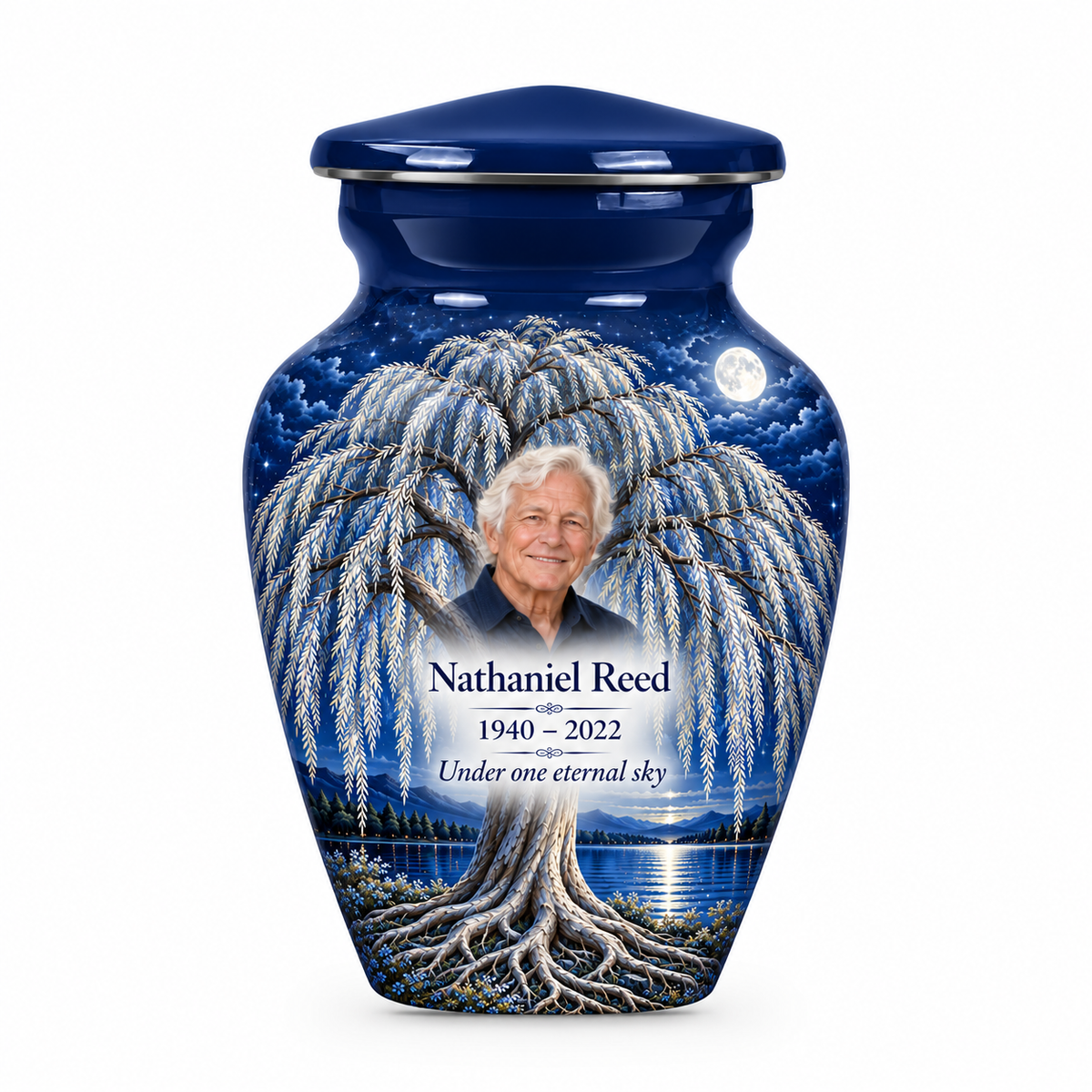 Matching blue Tree of Life keepsake urn with blue moon willow artwork, sample photo and text