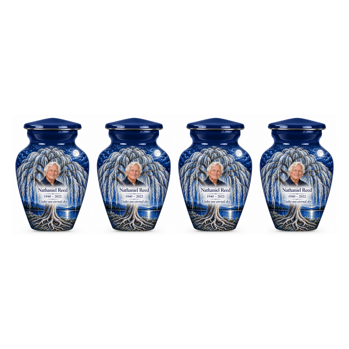 Four matching Blue Moon Willow Tree of Life keepsake urns with sample photo and text on a white background