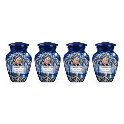 Four matching Blue Moon Willow Tree of Life keepsake urns with sample photo and text on a white background
