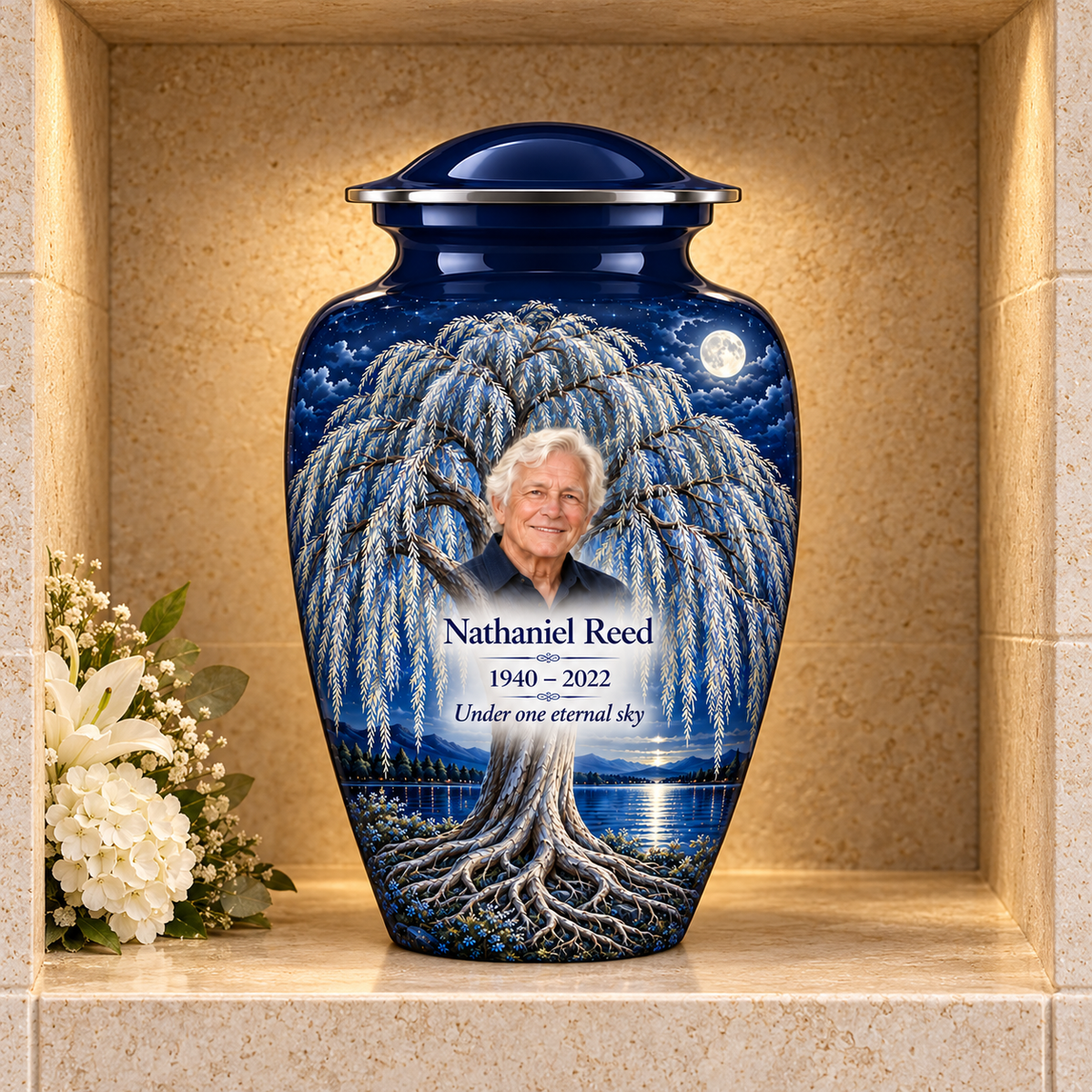 Blue Moon Willow Tree of Life adult urn with sample photo and text displayed in a columbarium niche