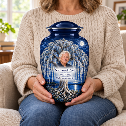 Blue Moon Willow Tree of Life adult urn with sample photo and text held upright on a seated person’s lap
