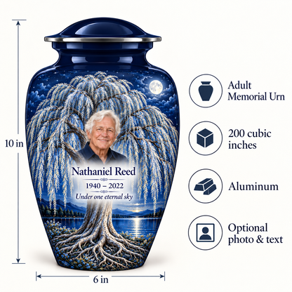 Blue Moon Willow Tree of Life adult urn size guide showing 10-inch height, 6-inch width, 200-cubic-inch capacity and Aluminum material