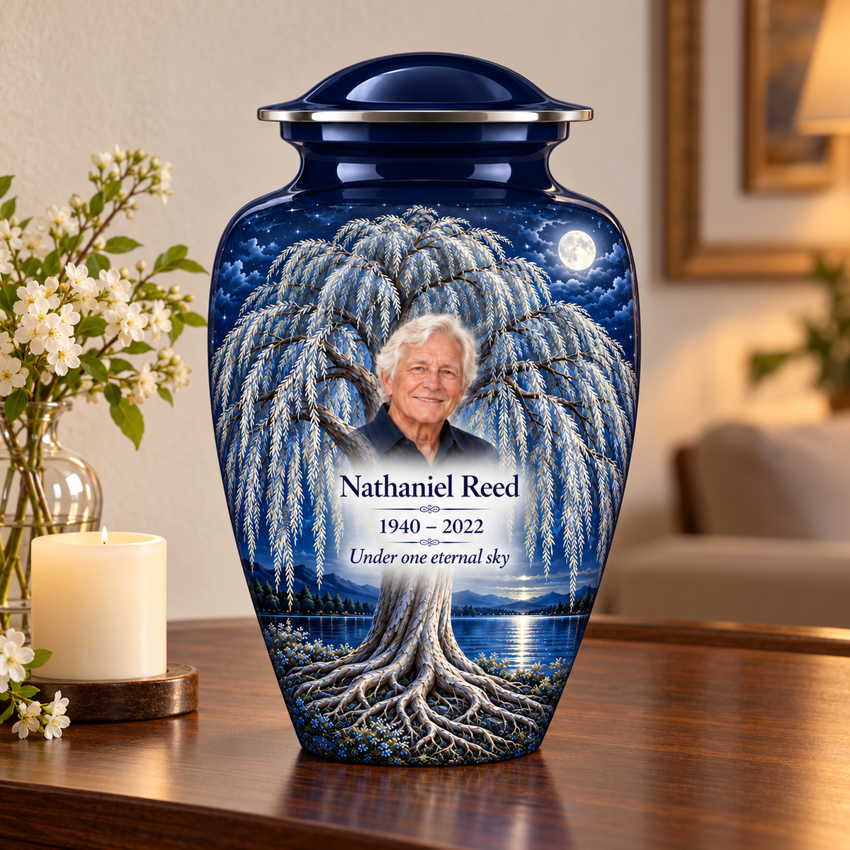 Blue Moon Willow Tree of Life adult urn with sample photo and text displayed on a memorial console
