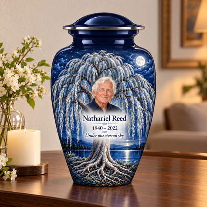 Blue Moon Willow Tree of Life adult urn with sample photo and text displayed on a memorial console