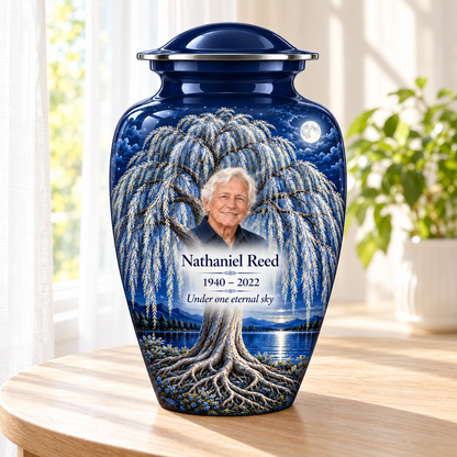 Blue Moon Willow Tree of Life adult urn with sample photo and text displayed in a sunlit home