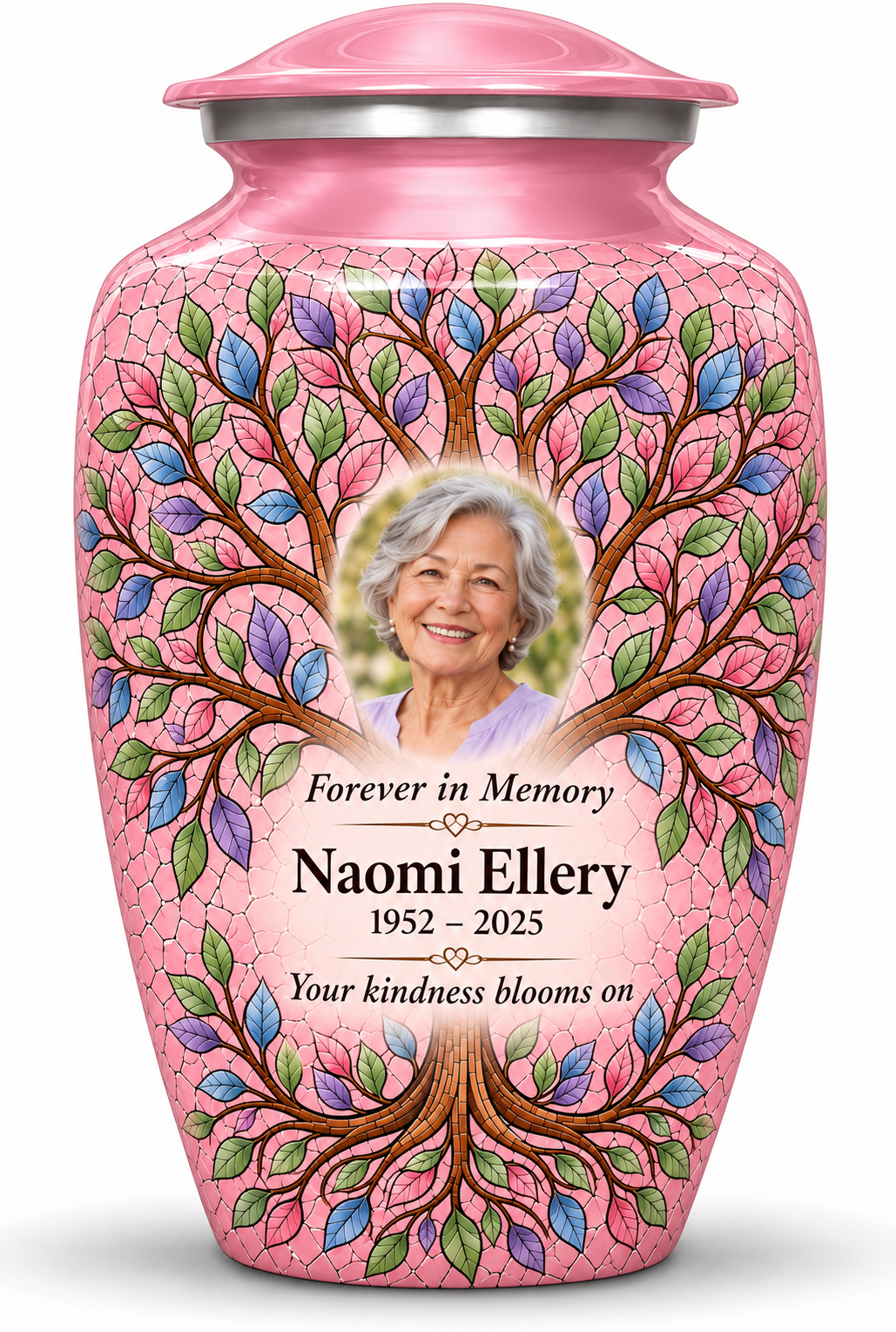Pink Tree of Life adult urn with mosaic-style leaf artwork, Naomi Ellery sample portrait and memorial text on white.